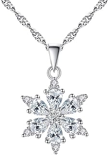 OKA Lucky Snowflake Necklace Long Pendant Necklace with White Cubic Zirconia Silver Jewelry Christmas New Year Holiday Gifts for Women Girls