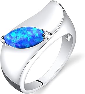 PEORA Created Blue Fire Opal Museum Solitaire Ring for Women 925 Sterling Silver, 0.75 Carat Marquise Shape 10x5mm, Sizes 5 to 9