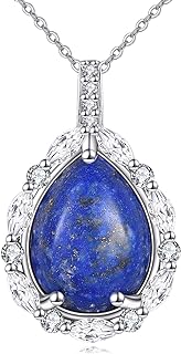 Natural Gemstone Necklace 925 Sterling Silver Cubic Zirconia Pendant Teardrop Lapis Lazuli/Moonstone/Moss Agate/Larimar/Black Onyx Jewelry Gift for Women Girls Mom Daughter