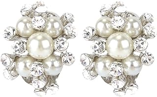 EVER FAITH Austrian Crystal White Simulated Pearl Bridal Cluster Pierced Stud Earrings