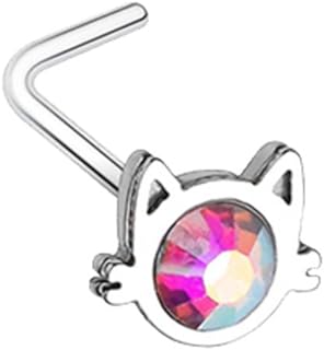 Iridescent Cat Face Nose Ring with Surgical Steel Chain, Ideal for Men and Women, L-Shaped Design