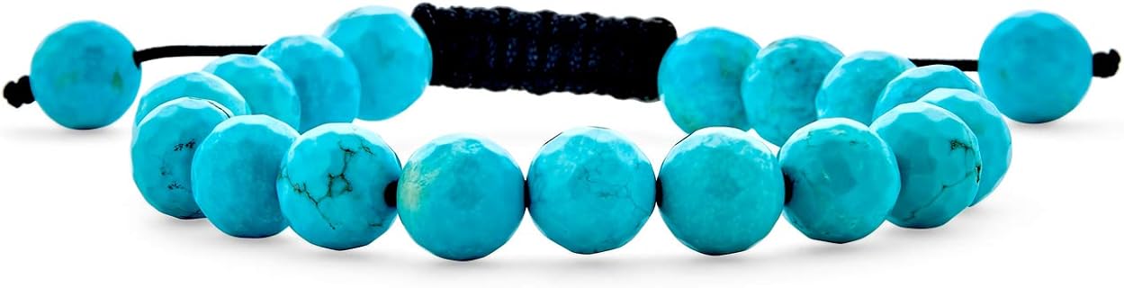Unisex Gemstone Blue Turquoise Black Onyx Brown Tiger Eye White Howlite Shamballa Inspired Stackable 10MM Bead Bracelet Western Jewelry For Women Men Black Cord String Adjustable