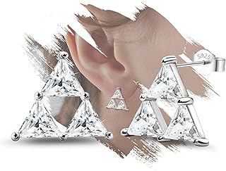 Stud Earrings for Women Sterling Silver - Hypoallergenic Three Triangle Cubic Zirconia Earrings Minimalist Classic Trendy Hollow Post Studs Earrings Gifts Jewelry for Christmas