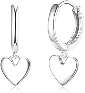 Sterling Silver Huggie Hoop Earrings with Heart Dangle for Women - Timeless Design, Comfortable Hinged Hoop Back Finding