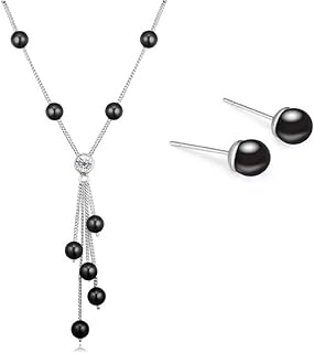 Lobster Clasp 18K White Gold Plated Crystalline Azuria Black Crystal Simulated Pearl Necklace & Stud Earrings Set for Women with Strand Design