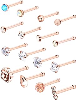 JOVITEC 16 Pieces Nose Stud for Women 20 g Nose Ring Set Bone Nose Studs l Shaped Surgical Stainless Steel Cartilage Tragus Piercing Rose Gold Ball Sapphire Labret Jewelry