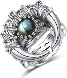 Crescent Moon Ring for Women Labradorite/Teal Turquoise/Opal Inlay 925 Sterling Silver Engagement Wedding Rings Vine Leaf Gemstone Ring Jewelry Gift Size 5-9