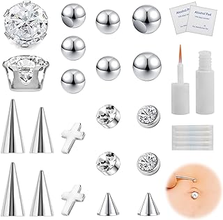 ZS 21Pcs Fake Belly Button Rings 8mm 10mm CZ with Eyelash Glue, Fake Eyebrow Rings Nose Lip Labret Studs Replacement Ball, Non-Piercing Body Jewelry Fake Skin Piercing