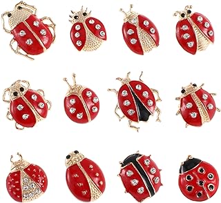 WRITWAA Ladybug Brooch Pins with Lobster Claw Clasp - Set of 12, Red Rhinestone-Inlaid Design for Fashionable Clothing Decorations on Shirts, Dresses, Backpacks or Jackets