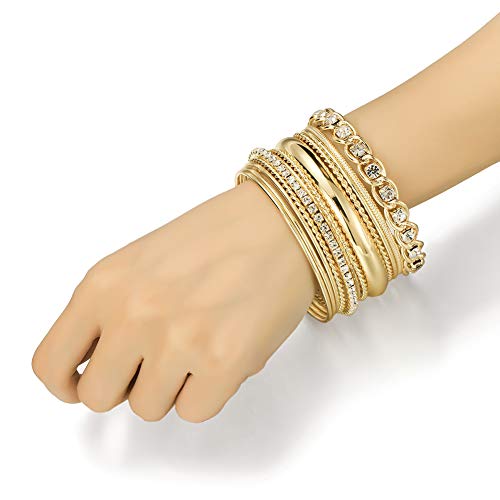 Twisted Multiple Metal Bracelets & Bangles Set for Women 12Pcs/Set W/Clear Rhinestones