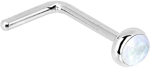 Elegant 14k White Gold L-Shaped Nose Ring with 2mm Rainbow Moonstone for Chic Women, Handcrafted in USA