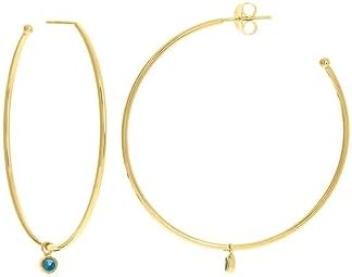 14K Yellow Gold Hinged Notched Post Hoop Earrings with Turquoise Gem Dangle Disk for Women - Open Round Design