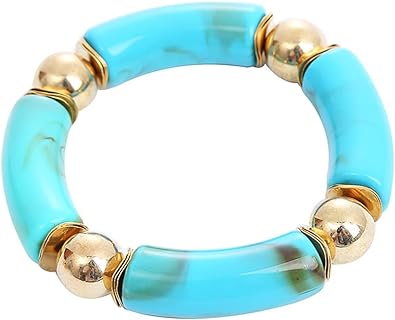 Gold-Plated Acrylic Bamboo Tube Women's Bracelet with Bead Chain - Blue Chunky Stretch Stackable Jewelry