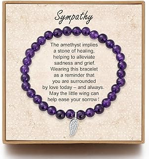 Sympathy Gifts for Loss of Mother, Father, Baby, Pet Dogs Amethyst Bead Bracelet with Sterling Silver Wing Charm Memorial Jewelry with Card and Gift Box