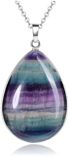 Jovivi Rainbow Fluorite Crystal Teardrop Pendant Necklace Natural Healing Stone Reiki Quartz Gemstone Necklace Jewelry for Women Men