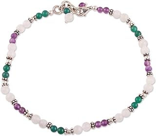 NOVICA Handmade Amethyst Rainbow Moonstone Anklet .925 Sterling Silver Aventurine Green Purple Beaded India Birthstone [9.5 in min L x 10 in max L x 0.2 in W] 'Head over Heels'