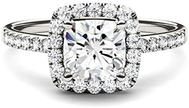 Charles & Colvard Created Moissanite 6mm Cushion Cut Engagement Ring for Women | 1.4 cttw DEW | Lab Grown | Solid 14K White Gold with Rhodium