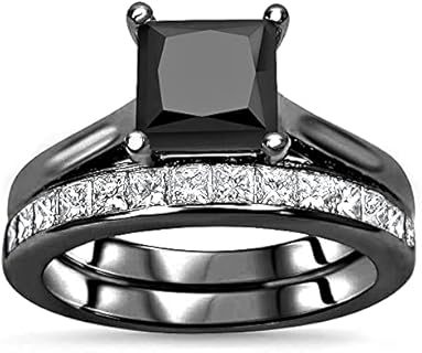 14K Black Gold Plated 925 Sterling Silver 2.50 Ct Princess Cut Black & White Diamond Engagement Ring Bridal Wedding Set