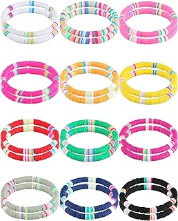24 Pieces Heishi Bracelet Set Boho Rainbow Beaded Bracelets Surfer Bracelet Handmade Colorful Bracelets Jewelry Elastic Rope Bracelet Summer Beach Bracelet Sets for Women and Girls