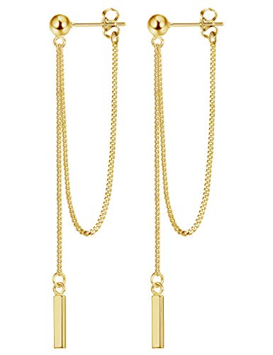 925 Sterling Silver Chain Earrings for Women 14K Gold Plated Chain Dangle Bar Earrings Hypoallergenic Stud Earrings with Drop Tassel Chain for Teen Girls