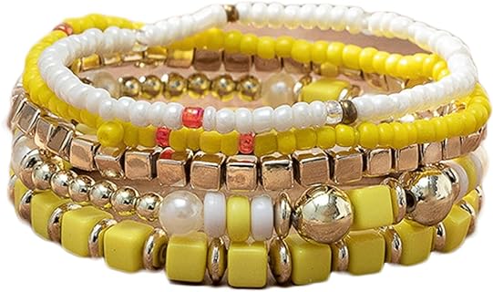 Bohemian Style Yellow Bead Bracelet with Spring Ring Clasp for Women - Bead Chain Design, Zinc Metal Stretch Bracelet Set