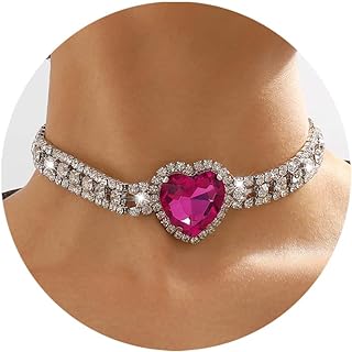 Rhinestone Heart Necklace for Women Crystal Heart Choker Necklace Silver Tennis Necklace Hot Pink Heart Necklace for Women Girls Birthday Party Wedding Prom Necklaces Jewelry Accessories
