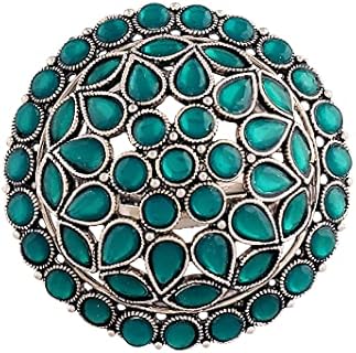 I Jewels 18k Silver Oxidized Indian Wedding Bollywood Kundan Meenakari Work Designer Adjustable Finger Ring for Women (FL1208)