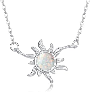 Lobster Claw Clasp Sunburst Necklace with 18+2" Sterling Silver Chain and Blue/White Opal Pendant for Women and Girls in Unique Sunshine Design