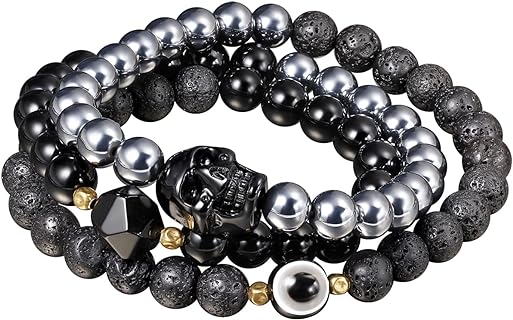 Black Obsidian/Terahertz/Lava Stone Beaded Wrap Couples Bracelets for Men and Women Small Skull Statue Evil Eye Bracelet Essential Oil Diffuser Bracelet