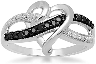 Jewelili Sterling Silver 1/10 Cttw Treated Black and Natural White Round Diamonds Heart Engagement Ring