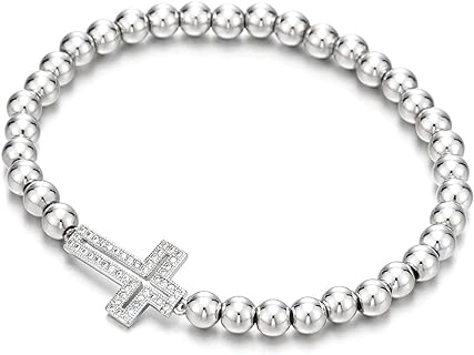COOLSTEELANDBEYOND Sparkling Beads Bracelet for Women with Cubic Zirconia Horizontal Sideway Cross