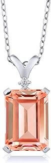 Peach Nano Morganite & Diamond Pendant Necklace in 925 Sterling Silver with Adjustable Cable Chain for Women - Spring Ring Clasp, Emerald Cut Design