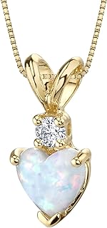 14K Yellow Gold Spring Ring Clasp Pendant with Heart Shaped Created White Opal and Genuine Diamond for Women by PEORA
