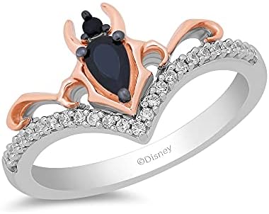 Jewelili Enchanted Disney Fine Jewelry Sterling Silver and 10K Rose Gold 5x3 MM Pear Shape Black Onyx and 1/6 Cttw Treated Black Diamond and White Round Diamond Maleficent Ring