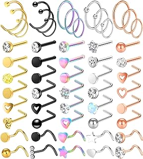 ONESING 32-55 Pcs 20G Nose Rings for Women Nose Rings Hoops Nose Piercing Jewelry L Shape Nose Studs Screw CZ Nose Bone Studs Stainless Steel Body Piercing Jewelry