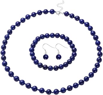 Shop LC Women's Sterling Silver Lapis Lazuli Bead Necklace, Stretch Bracelet & Earrings Set, 18-Inches with Lobster Clasp, Ideal Stress Relief Gift
