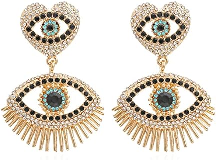 Evil Eye Earrings-Statement Heart Crystal Drop Earrings for Women, Big Dangle Earrings