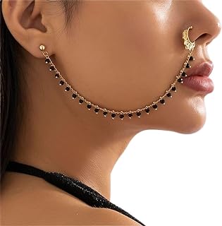 Octwine Alloy Beaded Tassel Nose to Ear Stud Chain - Non-Piercing Silver Nose Ring for Women and Girls - Ideal for Belly Dance, Parties & Casual Wear