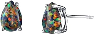 Peora 14K White Gold Created Black Fire Opal Earrings for Women, Hypoallergenic Solitaire Studs, 7x5mm Pear Shape, 1 Carat total, October Birthstone, Friction Back