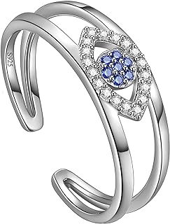 Adjustable Evil Eye Ring with Cubic Zirconia Gems in Decorative Design - Brass, Sterling Silver Plating, Women's Symbolic Crystal Jewelry, Perfect Christmas/Valentine's Day Gift
