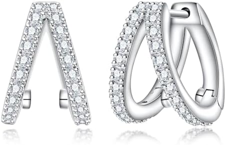 Double Row Sterling Silver Hoop Earrings with Premium Moissanite for Women, Round Brilliant Cut Design - Perfect Gift for Wives, Moms, or Special Occasions