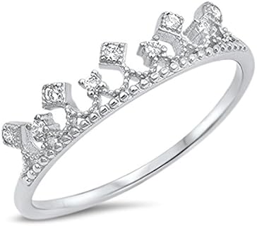 Blue Apple Co. Crown Ring Half Eternity Princess Crown Band Round Simulated Cubic Zirconia 925 Sterling Silver