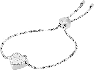 Michael Kors Women's Silver Heart Charm Bracelet with Draw-string Clasp, Pavé Crystal Design in Stainless Steel, 9 inches (Model: MKJ5390040)