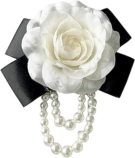 Camellia Flower Brooches Pins Pearl Brooches for Women,Floral Brooches Shawl Clips Pins Flower Hair Clips for Girls,White Silk Flower Bow Tie Brooches