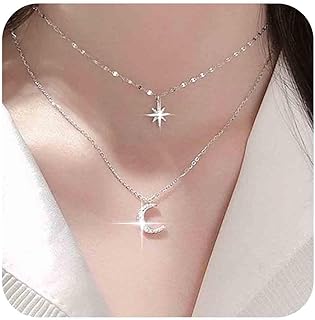 Boho Layered Silver Moon & Crystal Star Choker Necklace with Cable Chain for Women & Girls