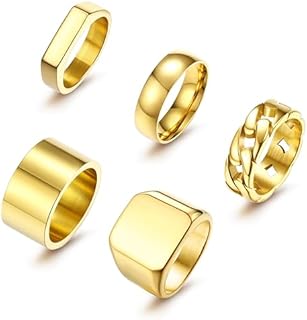 Sanfenly 5PCS 14K Gold Rings for Men Mens Gold Ring Mens Stainless Steel Rings Square Signet Rings Pinky Thumb Ring Chunky Thick Band Cuban Link Chain Ring Cool Finger Ring Wedding Band Ring for Men（Size 7-15）