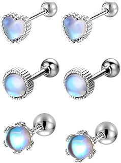 3 Pairs 925 Sterling Silver Moonstone Stud Earrings With Screw Back Hypoallergenic Cartilage Stud Earring for Women Girls Set