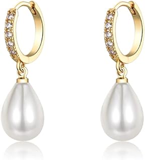 EPIRORA Stylish Sterling Silver and Gold Simulated Shell Pearl Dangle Earrings with Hinged Hoop and Cubic Zirconia for Women and Girls in Hoop Design