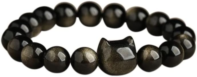Natural Black Obsidian Cat Bead Bracelet with Easy Hook, Bead Chain for Men and Women, Unique Crystal Cat Design