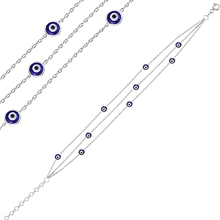 Dainty Evil Eye Charm Bracelet, 925 Sterling Silver with Triple Layered Chain, Lobster Claw Clasp for Women, Ojo Turco/Kabbalah Amulet Design